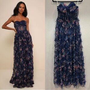 Sz L - NWT Lulus Stunning Element‎ Navy Floral Mesh Ruffled Strapless Maxi Dress